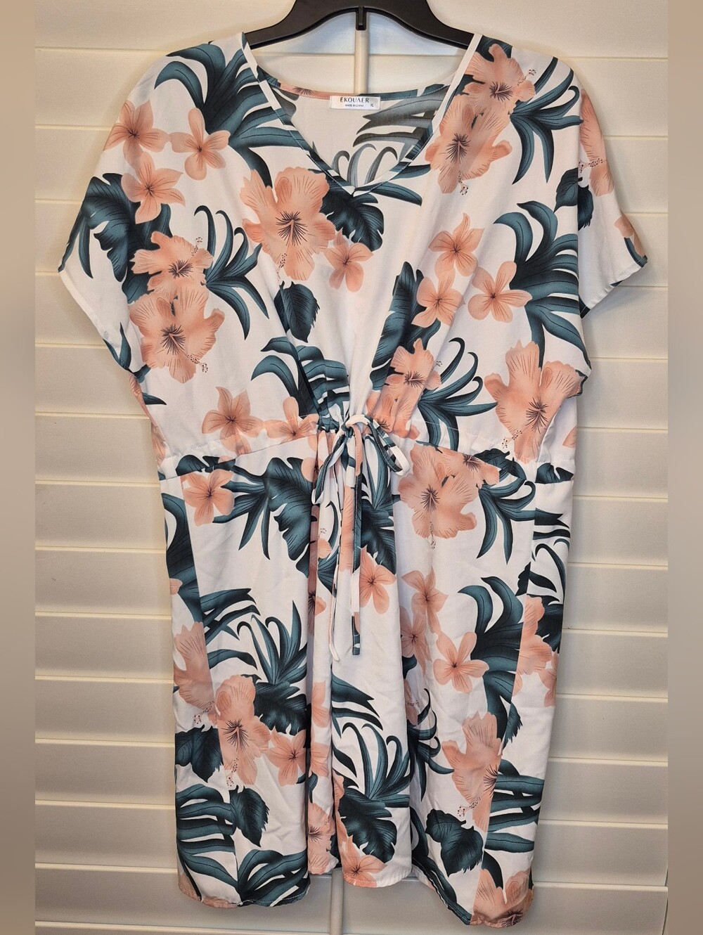 Tropical Floral Tie-Waist V-Neck Swimsuit Coverup Dress Sz XL